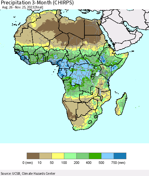 Africa Precipitation 3-Month (CHIRPS) Thematic Map For 8/26/2023 - 11/25/2023