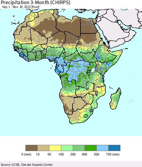 Africa Precipitation 3-Month (CHIRPS) Thematic Map For 9/1/2023 - 11/30/2023