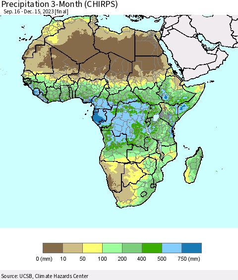 Africa Precipitation 3-Month (CHIRPS) Thematic Map For 9/16/2023 - 12/15/2023