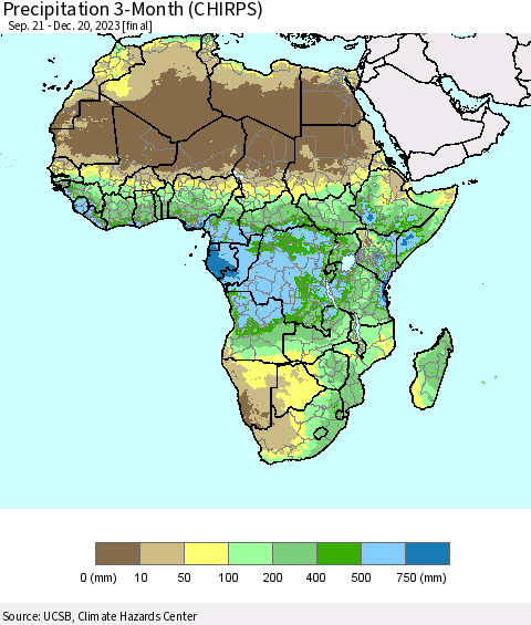 Africa Precipitation 3-Month (CHIRPS) Thematic Map For 9/21/2023 - 12/20/2023