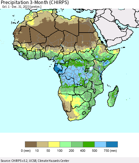 Africa Precipitation 3-Month (CHIRPS) Thematic Map For 10/1/2023 - 12/31/2023