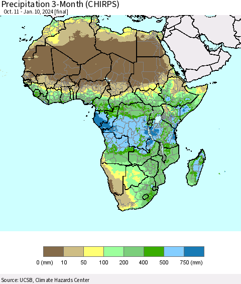 Africa Precipitation 3-Month (CHIRPS) Thematic Map For 10/11/2023 - 1/10/2024