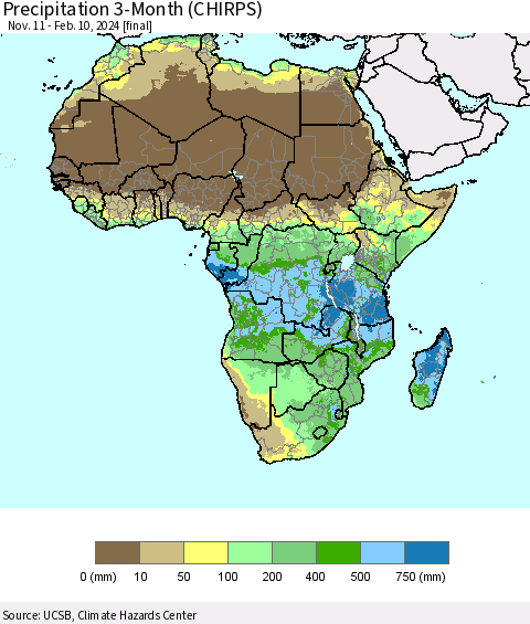 Africa Precipitation 3-Month (CHIRPS) Thematic Map For 11/11/2023 - 2/10/2024