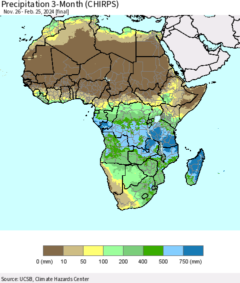 Africa Precipitation 3-Month (CHIRPS) Thematic Map For 11/26/2023 - 2/25/2024