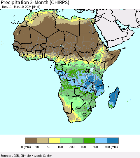 Africa Precipitation 3-Month (CHIRPS) Thematic Map For 12/11/2023 - 3/10/2024
