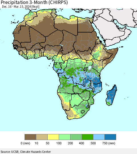 Africa Precipitation 3-Month (CHIRPS) Thematic Map For 12/16/2023 - 3/15/2024