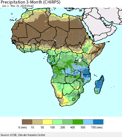 Africa Precipitation 3-Month (CHIRPS) Thematic Map For 1/1/2024 - 3/31/2024