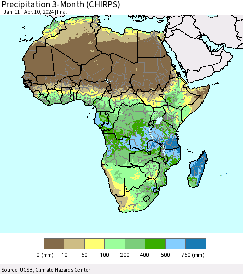 Africa Precipitation 3-Month (CHIRPS) Thematic Map For 1/11/2024 - 4/10/2024