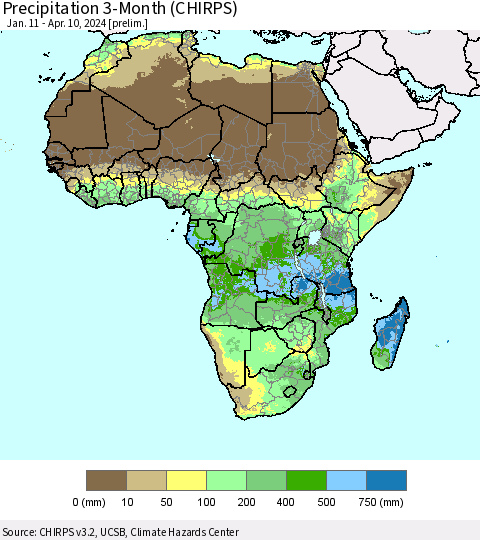 Africa Precipitation 3-Month (CHIRPS) Thematic Map For 1/11/2024 - 4/10/2024