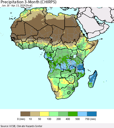 Africa Precipitation 3-Month (CHIRPS) Thematic Map For 1/16/2024 - 4/15/2024