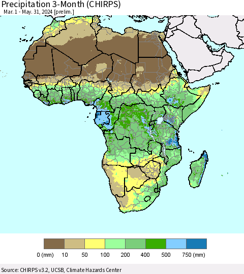 Africa Precipitation 3-Month (CHIRPS) Thematic Map For 3/1/2024 - 5/31/2024