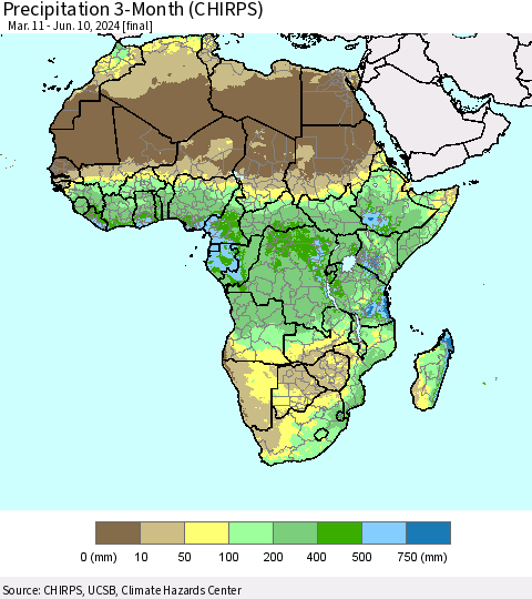 Africa Precipitation 3-Month (CHIRPS) Thematic Map For 3/11/2024 - 6/10/2024
