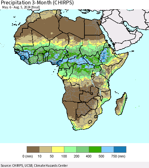 Africa Precipitation 3-Month (CHIRPS) Thematic Map For 5/6/2024 - 8/5/2024