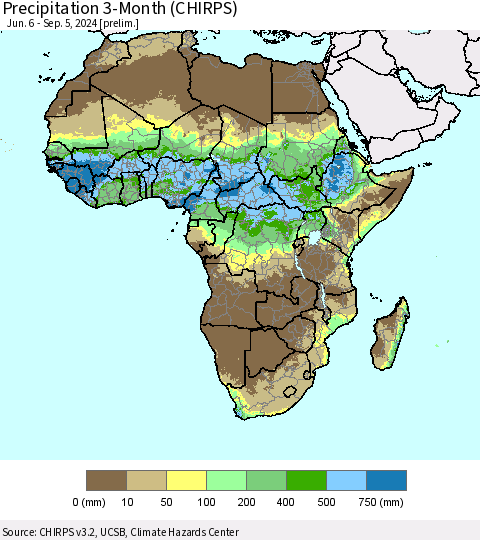 Africa Precipitation 3-Month (CHIRPS) Thematic Map For 6/6/2024 - 9/5/2024