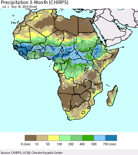 Africa Precipitation 3-Month (CHIRPS) Thematic Map For 7/1/2024 - 9/30/2024