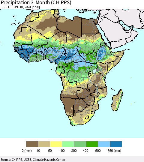 Africa Precipitation 3-Month (CHIRPS) Thematic Map For 7/11/2024 - 10/10/2024
