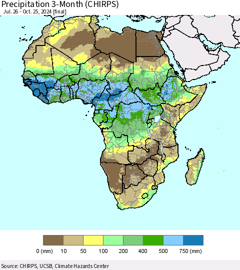 Africa Precipitation 3-Month (CHIRPS) Thematic Map For 7/26/2024 - 10/25/2024