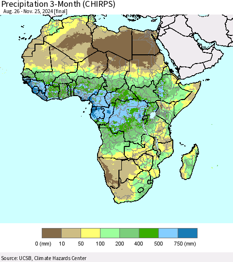 Africa Precipitation 3-Month (CHIRPS) Thematic Map For 8/26/2024 - 11/25/2024