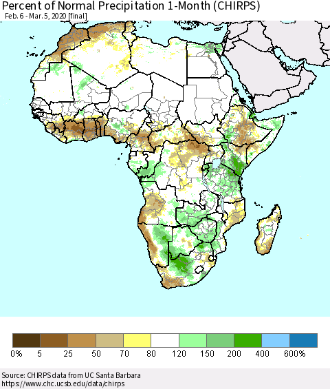 Africa Percent of Normal Precipitation 1-Month (CHIRPS) Thematic Map For 2/6/2020 - 3/5/2020