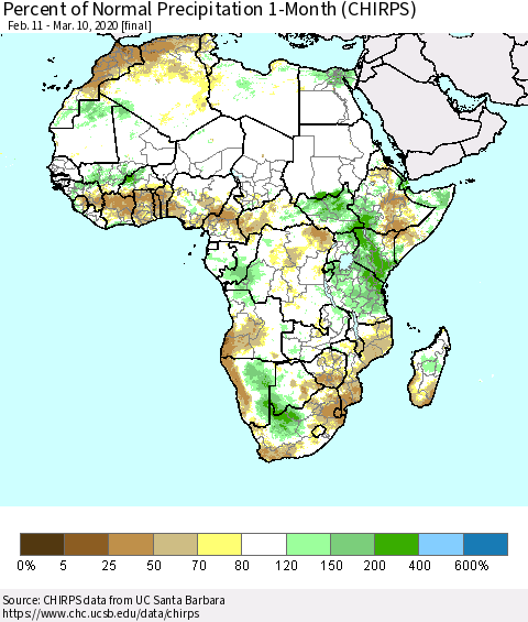 Africa Percent of Normal Precipitation 1-Month (CHIRPS) Thematic Map For 2/11/2020 - 3/10/2020