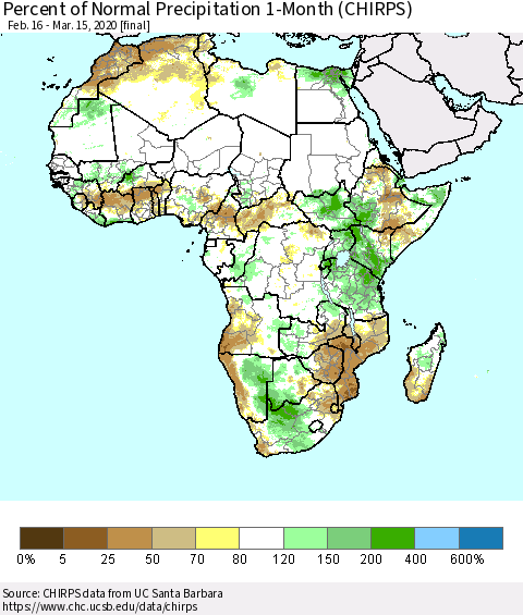 Africa Percent of Normal Precipitation 1-Month (CHIRPS) Thematic Map For 2/16/2020 - 3/15/2020