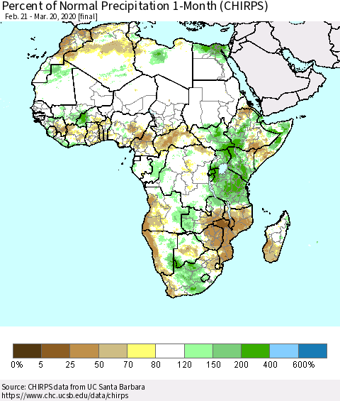 Africa Percent of Normal Precipitation 1-Month (CHIRPS) Thematic Map For 2/21/2020 - 3/20/2020