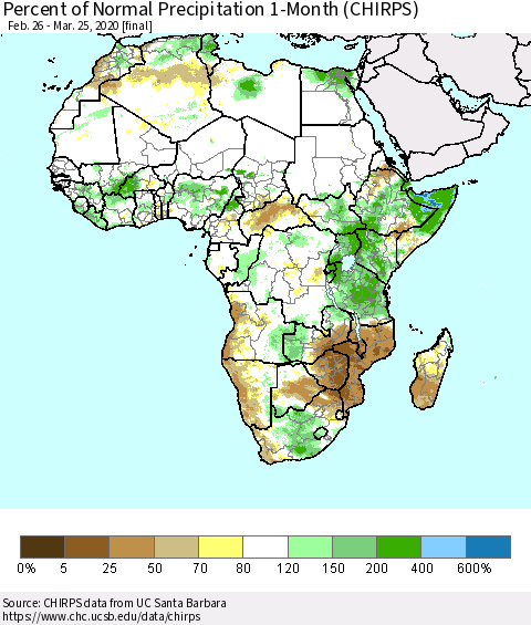 Africa Percent of Normal Precipitation 1-Month (CHIRPS) Thematic Map For 2/26/2020 - 3/25/2020