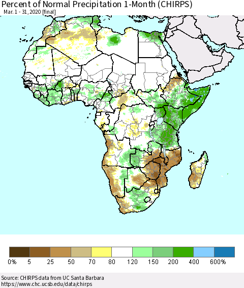 Africa Percent of Normal Precipitation 1-Month (CHIRPS) Thematic Map For 3/1/2020 - 3/31/2020