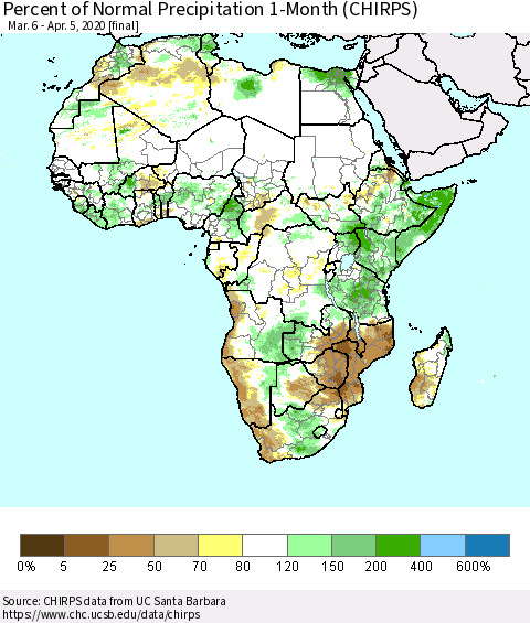 Africa Percent of Normal Precipitation 1-Month (CHIRPS) Thematic Map For 3/6/2020 - 4/5/2020