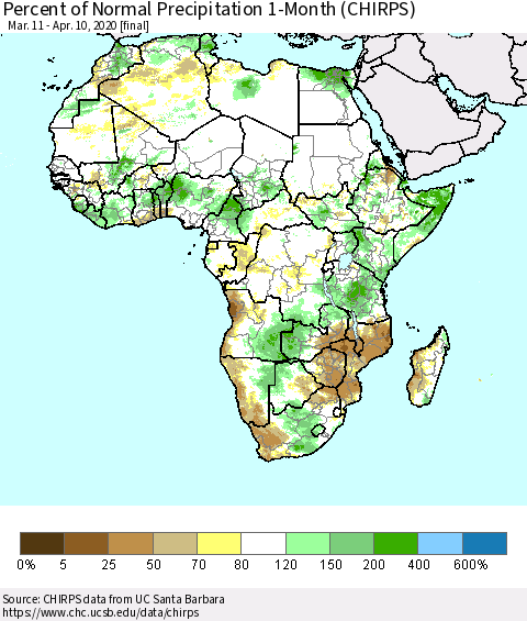 Africa Percent of Normal Precipitation 1-Month (CHIRPS) Thematic Map For 3/11/2020 - 4/10/2020