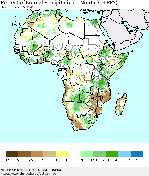 Africa Percent of Normal Precipitation 1-Month (CHIRPS) Thematic Map For 3/16/2020 - 4/15/2020