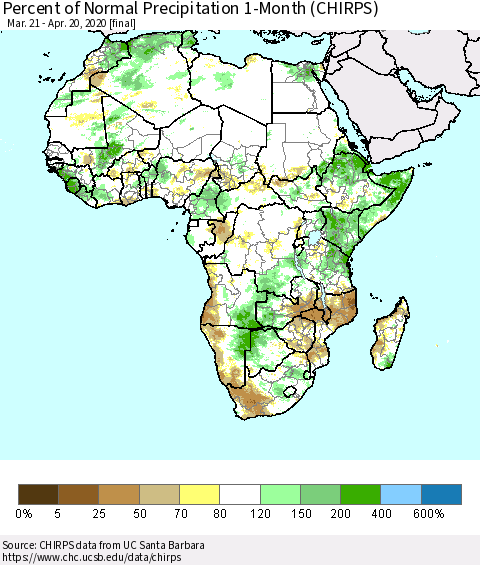 Africa Percent of Normal Precipitation 1-Month (CHIRPS) Thematic Map For 3/21/2020 - 4/20/2020