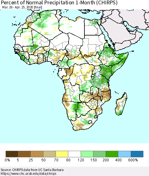 Africa Percent of Normal Precipitation 1-Month (CHIRPS) Thematic Map For 3/26/2020 - 4/25/2020