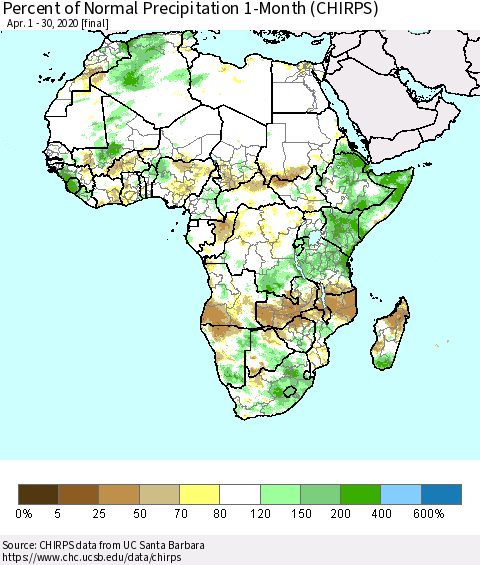 Africa Percent of Normal Precipitation 1-Month (CHIRPS) Thematic Map For 4/1/2020 - 4/30/2020
