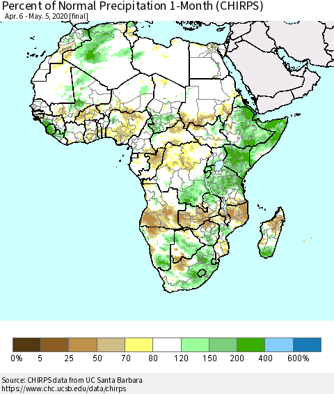 Africa Percent of Normal Precipitation 1-Month (CHIRPS) Thematic Map For 4/6/2020 - 5/5/2020