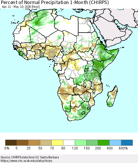 Africa Percent of Normal Precipitation 1-Month (CHIRPS) Thematic Map For 4/11/2020 - 5/10/2020