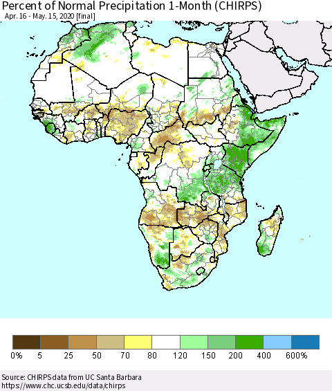 Africa Percent of Normal Precipitation 1-Month (CHIRPS) Thematic Map For 4/16/2020 - 5/15/2020