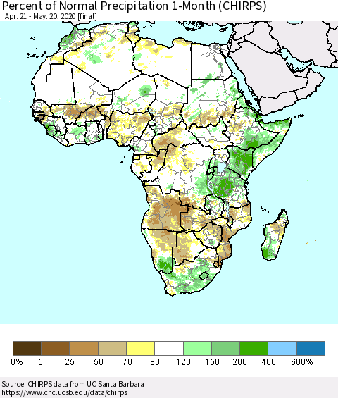 Africa Percent of Normal Precipitation 1-Month (CHIRPS) Thematic Map For 4/21/2020 - 5/20/2020
