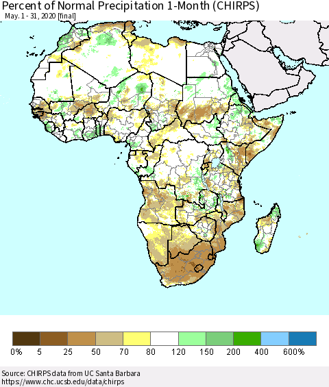 Africa Percent of Normal Precipitation 1-Month (CHIRPS) Thematic Map For 5/1/2020 - 5/31/2020