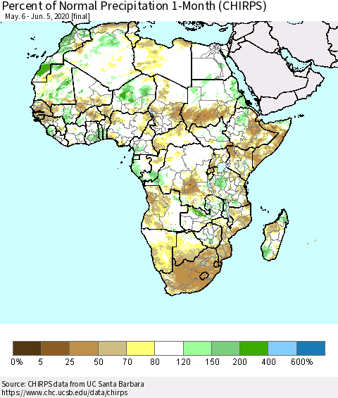 Africa Percent of Normal Precipitation 1-Month (CHIRPS) Thematic Map For 5/6/2020 - 6/5/2020