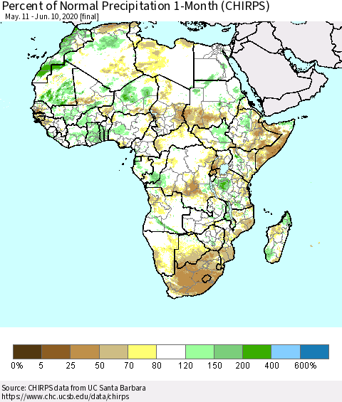 Africa Percent of Normal Precipitation 1-Month (CHIRPS) Thematic Map For 5/11/2020 - 6/10/2020