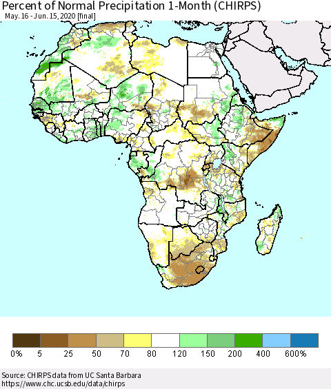 Africa Percent of Normal Precipitation 1-Month (CHIRPS) Thematic Map For 5/16/2020 - 6/15/2020