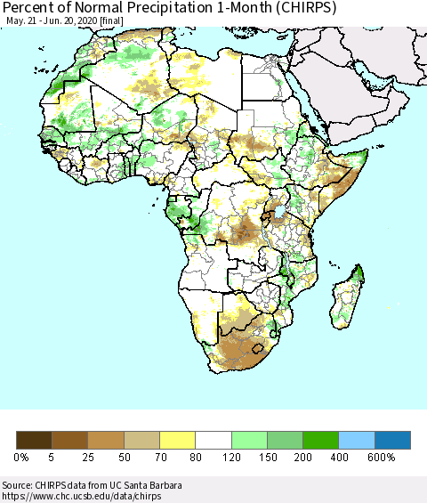 Africa Percent of Normal Precipitation 1-Month (CHIRPS) Thematic Map For 5/21/2020 - 6/20/2020
