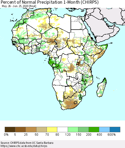 Africa Percent of Normal Precipitation 1-Month (CHIRPS) Thematic Map For 5/26/2020 - 6/25/2020