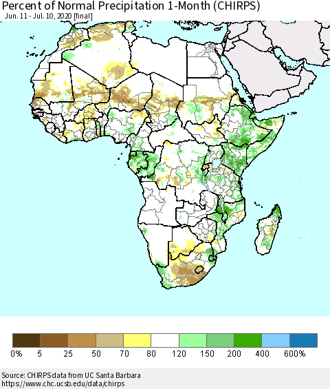 Africa Percent of Normal Precipitation 1-Month (CHIRPS) Thematic Map For 6/11/2020 - 7/10/2020