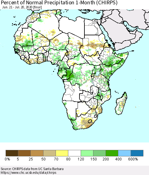 Africa Percent of Normal Precipitation 1-Month (CHIRPS) Thematic Map For 6/21/2020 - 7/20/2020