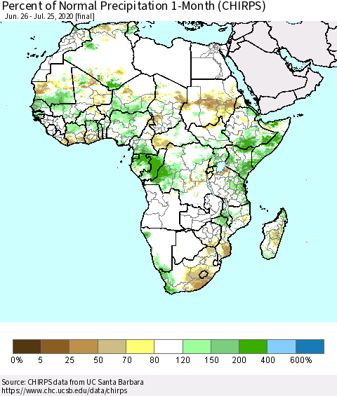 Africa Percent of Normal Precipitation 1-Month (CHIRPS) Thematic Map For 6/26/2020 - 7/25/2020