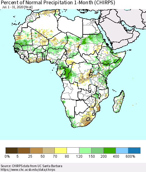 Africa Percent of Normal Precipitation 1-Month (CHIRPS) Thematic Map For 7/1/2020 - 7/31/2020