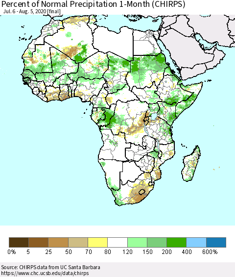 Africa Percent of Normal Precipitation 1-Month (CHIRPS) Thematic Map For 7/6/2020 - 8/5/2020