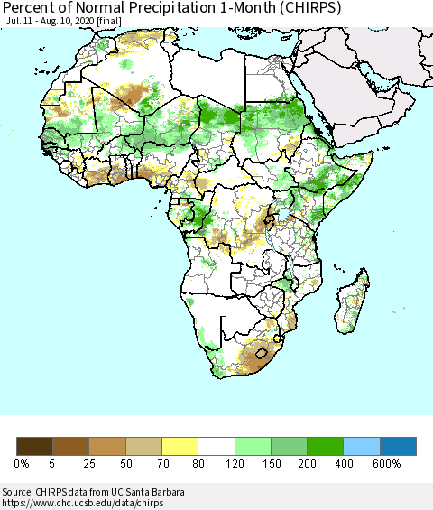 Africa Percent of Normal Precipitation 1-Month (CHIRPS) Thematic Map For 7/11/2020 - 8/10/2020